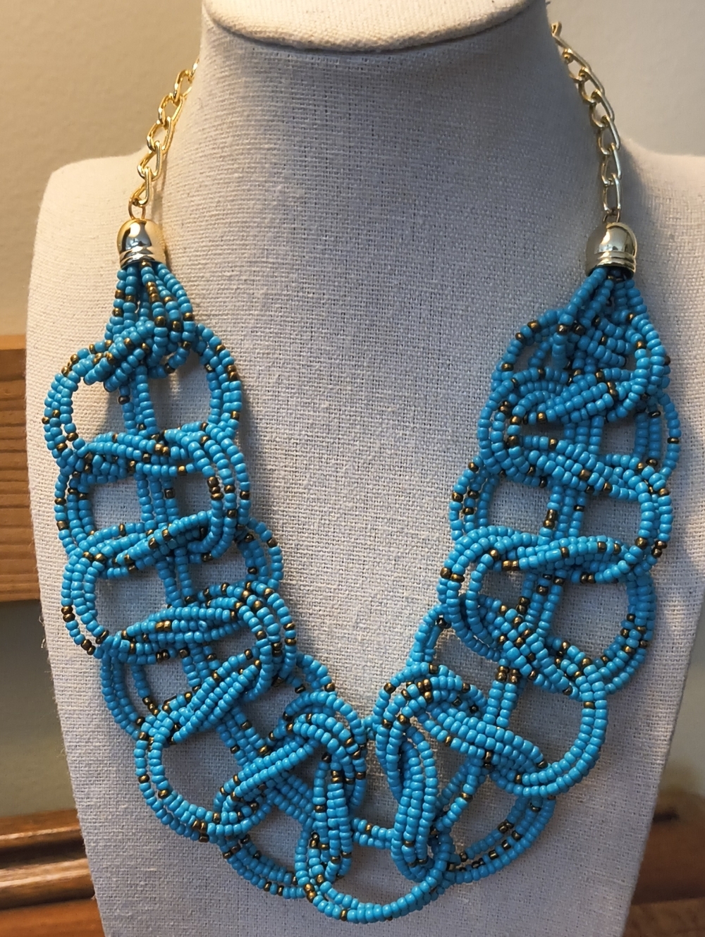 Vintage Teal Blue Intertwined Braided Seed Bead Choker  Necklace Gold Tone